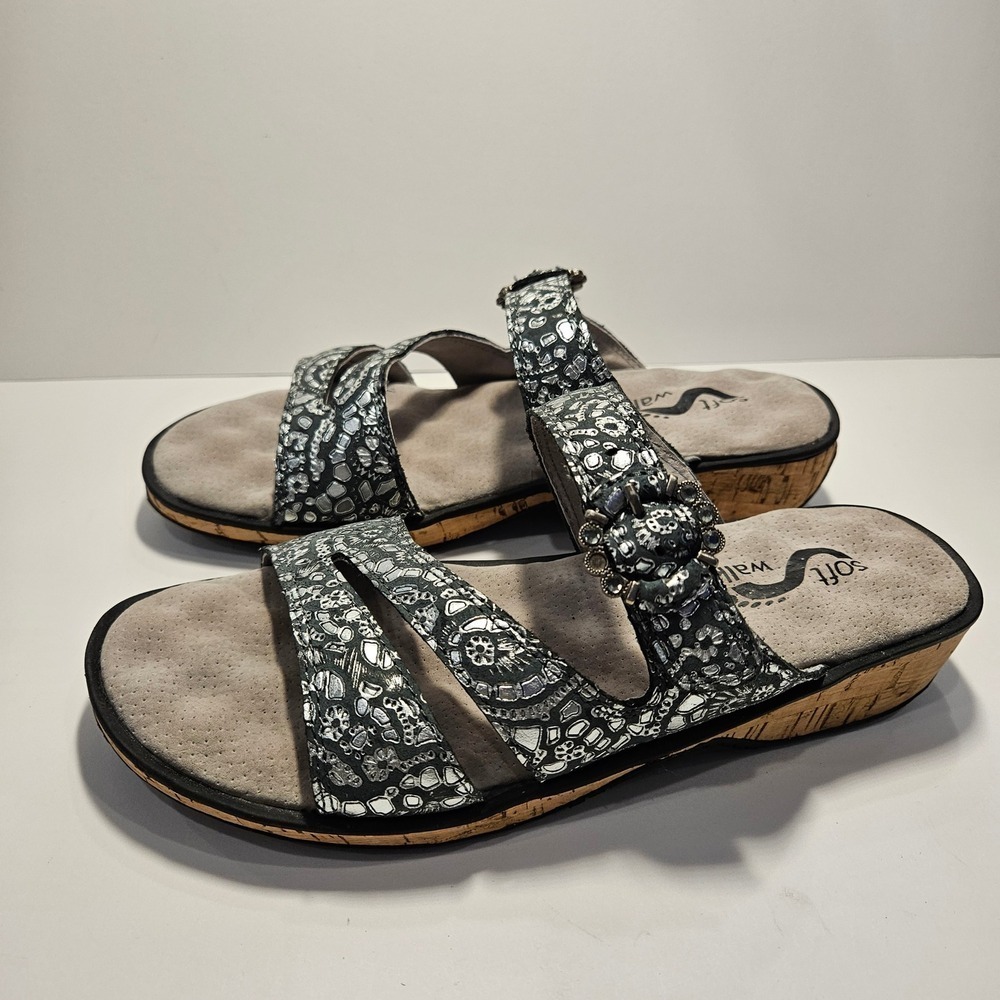 SoftWalk San Marcos Black Silver Metallic Paisley Wedge Sandals 6M